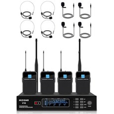 MIZISNR 4채널 무선 라펠 마이크 4개의 헤드셋 및 라발리에 마이크 세트 4x50 조절 가능한 주파수 UHF 금속 수신기 교회 노래방 설교 결혼식을 위한 300피트, V10_BODYPACK