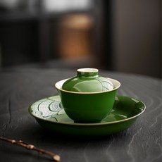 新中式祖母綠蓋碗 大號茶杯 陶瓷三才碗 手抓碗 功夫茶具 泡茶碗, 祖母綠-蓋碗+壺承,110ml, 1個