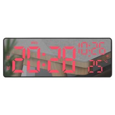 DFMEI 數字溫度時鐘 電子時鐘鬧鐘多功能計時器時鐘電池插電鬧鐘, 黑殼鏡面紅燈:如圖
