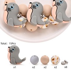 15/90개 실리콘 해양 동물 원형 모양 비즈 쥬얼리 프린트된 포컬 제작 체인 DIY 공예용 공갈젖꼭지 15MM 스페이서, Sea Lion