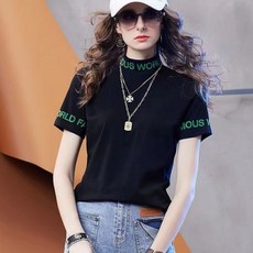 여성용 패션 반폴라 루즈핏 순면 티 캐주얼 프린트 반팔 상의