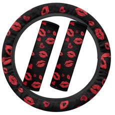 SEANATIVE 블랙 미국 국기 플란넬 자동차 액세서리 세트 푹신하고 신축성 있는 자동차 스티어링 휠 커버 두껍고 따뜻한 2피스 안전 벨트 커버 패드 자동 내부 겨울용, 섹시한 입술