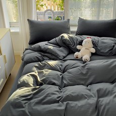 1급 믹스매치 단색 워시드 면 4종 세트 초부드러운 구름 면 기숙사 3종 세트 4종 세트, 카테고리 A - 진한 회색, 0.9m 침대 시트 3종 세트(이불커버 1.5x2m)