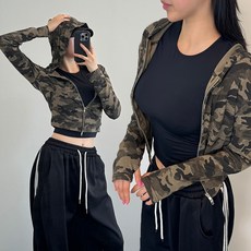 카모글램집업 여성후드티 크롭 밀리터리룩 핑거홀 아우터 긴팔 슬림