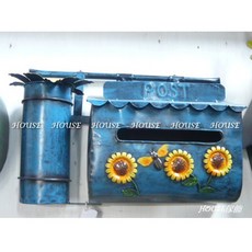 House傢飾 鄉村風格 復古鐵皮彩繪信箱&報筒 - 向日葵/花朵圖案, 藍色