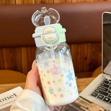 星球簡約塑膠水杯 兒童水壺 雙飲吸管杯 大容量, 星星 - 綠色 500ml, 1個