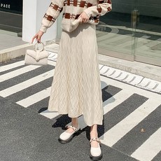 708090 A라인 아가일 미디 롱 니트 스커트