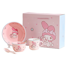 가와시마야 캐릭터 한식기 4종 세트, 핑크, 1세트, 공기 + 원형 접시 + 머그컵 + 숟가락