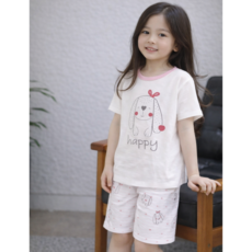 행복한쇼핑몰 여아용 무형광 린넨 쿨드라이 해피강아지 상하의 반팔 세트