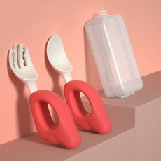嬰兒學習叉勺組 短柄環形握把 附收納盒 食品級耐高溫 寶寶學用湯匙叉子, 1個, 紅, 紅