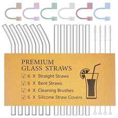 재사용 가능한 유리 빨대 22개 - 직선 6개 및 구부러진 6개(21.6 x 1.0cm(8.5 0.4인치)) 클리닝 브러시 4개 실리콘 커버 포함, 재사용 가능한 유리 빨대 22개 - 직선 6개 및 구부