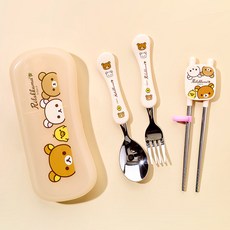 리락쿠마 스푼포크 교정젓가락 케이스세트(해피) 유아 어린이 숟가락 젓가락 케이스, 1개, 아이보리