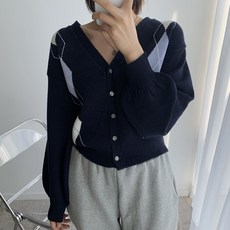 針織女款泡泡袖菱格紋貝魯西開襟衫