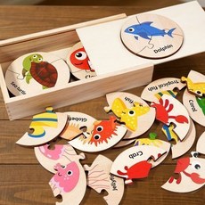 兒童益智早教圓形木製拼圖，圖案顏色字母認知，蒙氏海洋動物趣味玩法，培養寶寶認知力, 1個, 木質圓形拼圖