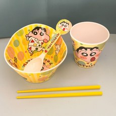 蠟筆小新兒童餐具套裝：可愛卡通密胺碗盤勺，學生宿舍家用, 黃色蠟筆小新五寸小碗（500毫升）,碗+勺+筷+把手杯+ 6寸盤, 1個