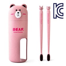 치프몰 휴대용 곰돌이 칫솔 양치컵 세트 여행, 핑크, 1개
