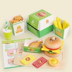 어린이 원목 햄버거 패스트푸드 역할놀이 주방 장난감 세트, 1세트, 혼합색상