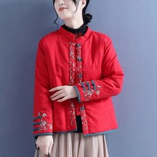 ORZQU 여성 겨울 자수 단추 하이넥 개량 한복 패딩 루즈핏 보온 도톰 코트
