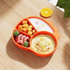 DFMEI 硅膠分格兒童餐盤卡通小恐龍吸盤碗訓練寶寶自主吃飯分隔輔食餐具, 1個, 香橙色【小恐龍餐盤】:如圖