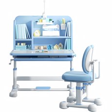 兒童升降學習桌椅套裝 藍色附檯燈 可調高度桌面角度 適用3-18歲, 藍色+檯燈