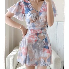 純欲連體泳裝 女 顯瘦遮肚 裙式印花 度假溫泉 泳衣