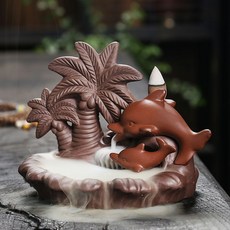 紫砂檀香倒流爐創意沙灘海浪椰樹海豚倒流香香爐家居工藝擺件, 椰樹海豚
