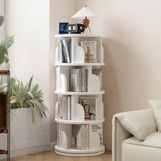 360도 회전 원형 책장 대용량 거실 서재 책꽂이, 4단, 화이트