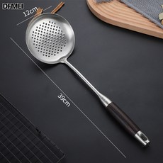 DFMEI 加厚304不鏽鋼炒勺炒菜勺子家用鍋鏟套裝木柄把鐵湯勺分菜勺鍋勺, 1個, 特厚304不鏽鋼-漏勺【黑木手柄】:標準