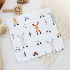 六層紗布口水巾方巾小方巾：柔軟吸水、多用途寶寶手帕、兒童洗臉巾、幼兒園必備, 1個, 02-可愛長耳兔【30*30】