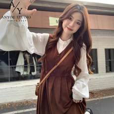 ANYOU 패션 롱 여성원피스 코듀로이 슬림핏 학원풍 데일리룩 셔츠원피스 여성용 휴양지원피스 브이넥 브라운컬러 롱원피스