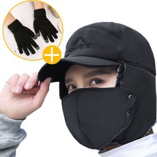 엘마운틴 겨울 완전무장 방한모자 장갑 방한용품 기획2종세트, 블랙