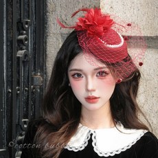 復古紅色網紗小禮帽生日頭飾帽子法式頭紗女名媛千金禮服配飾髮飾, 1個, 紅色網紗禮帽