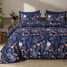 Yiran Sage Green 히비스커스 꽃무늬 이불 세트 킹 사이즈 7피스 새 꽃 보태니컬 침구 가방에 담긴 빈티지 침대 부드러운 극세사 컴플리트 사계절용 시트 포함 1833, 네이비 퍼플