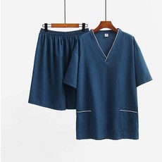 新款仿麻綠色花邊領男款汗蒸服浴衣套裝家居睡衣浴服