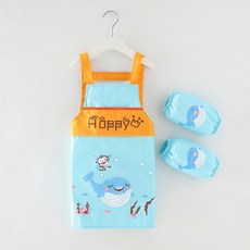 兒童防水圍裙 H型背帶設計 附袖套 鹿狐圖案 防污畫畫衣 120碼 幼兒園適用, 鯨魚,120碼
