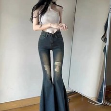 해피유통 여성용 봄 가을 패션 고중허리 찢어진 디테일 슬림핏 플레어 진