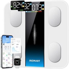 체중을 위한 스마트 체중계 INSMART 블루투스 디지털 욕실 저울 BMI 체지방 근육량 고정밀 대형 디스플레이 16가지 체성분 무게 기계 앱과 동기화 181.4kg, 화이트