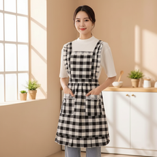 프릴체크 면앞치마 여성 주방용 원피스형, 1개, 블랙