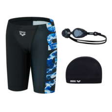 [국내매장판] 아레나 빅웨이브 남자 아동 4부 수영복 아동 스판 수모 수경 세트 / 남아 수영 용품 세트