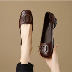 발편한 통근 여성구두 부드러운 가죽 스퀘어토 로우컷 굽 여성 단화 초특가 고급 양가죽 스퀘어 장식 쿠션좋은 정장 플랫슈즈 3cm