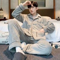 겨울 남성 기모 잠옷 세트 보온 홈웨어