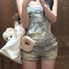 투니스 여성 빈티지 슬림핏 숏 데님 점프슈트