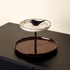 花鳥陶瓷多層串盤點心盤高顏值蛋糕盤甜品架創意下午茶果盤子, 1個, 中古花邊小鳥串盤兩層小盤+中盤