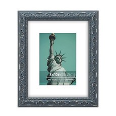 WYNCO 20.3x25.4cm(8x10인치) 디스트레스드 우드 엠보싱 스크롤 모티프 빈티지 앤티크 러스틱 픽처 프레임 12.7x17.8cm(5x7인치) 사진용 화이트 매트, WYNCO 20.3x25.4cm(8x10인치) 디스트레, 다크 블루