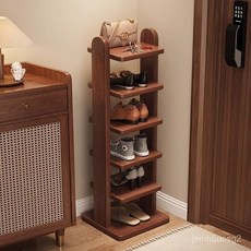 窄縫實木鞋架，小戶型多層置物收納架，省空間入戶門口鞋子收納, 【全實木進口木材】-胡桃色,5層（全實木60厘米/環保板材52厘米）, 1個