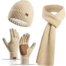 여성용 겨울 니트 스카프 비니 모자 터치스크린 장갑 세트 따뜻한 플리스 안감 롱 해골