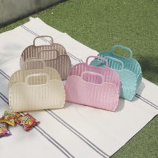 수수보따리 접이식 다용도 바구니 목욕바구니 장바구니 캠핑 피크닉바구니 수영 물놀이바구니, 브라운+베이지