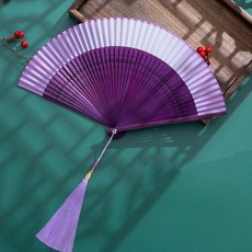 中國風絲綢折扇 復古古典舞扇子, 1個, 黛紫白漸變 方帽繐 ,無規格