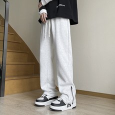 美式拉鏈薄款直筒褲 高街顯瘦時尚灰色運動長褲 男款開叉微喇休閑褲, L码 建议体重（60-72.5公斤）, 白花灰