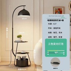 奶油風置物落地燈 客廳臥室床頭櫃一體立式檯燈 附贈12W燈泡 (110V適用), 亞光黑雙層鐵藝-收納捅,全光譜三色變光